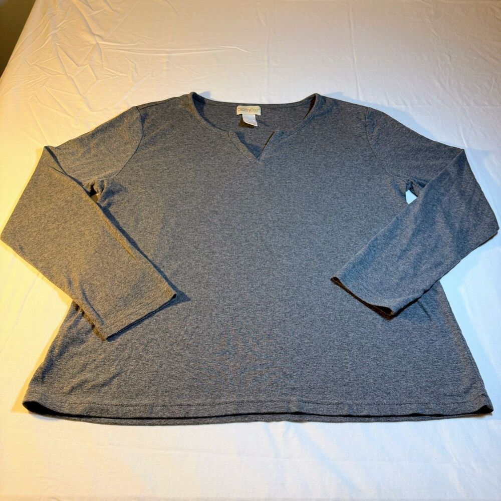 Country Door XL/XG Split V-Neck Top Womens Gray Cotton Blend Thermal Pullover